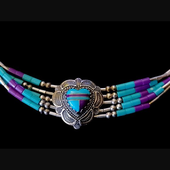 Navajo 925 Sterling Silver Liquid Silver 5 Strand Turquoise Heart Bracelet 7.25" - Picture 3 of 13